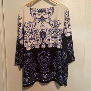 Charter Club Blue and White Fleur di Lis FilagreeTop